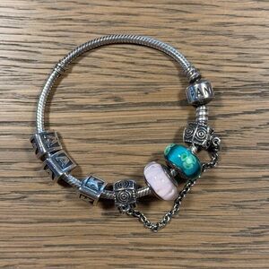 Pandora Silver Charm Bracelet with Green and Pink Glass Beads